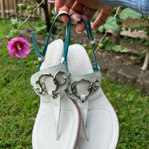 WHITE!  Coach sling back kitten heel sandal 8B bone stacked wood heel worn 1x